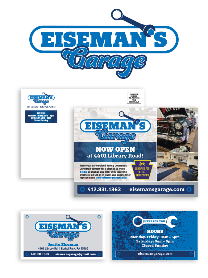 Eiseman's Garage - Logo, business card and postcard mailer
